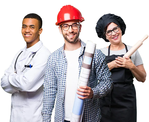 Diverse professionals - doctor, construction worker, and chef representing various business industries